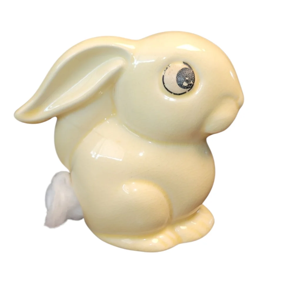 Charming Yellow Ceramic Bunny Figurine Cotton Ball Dispenser